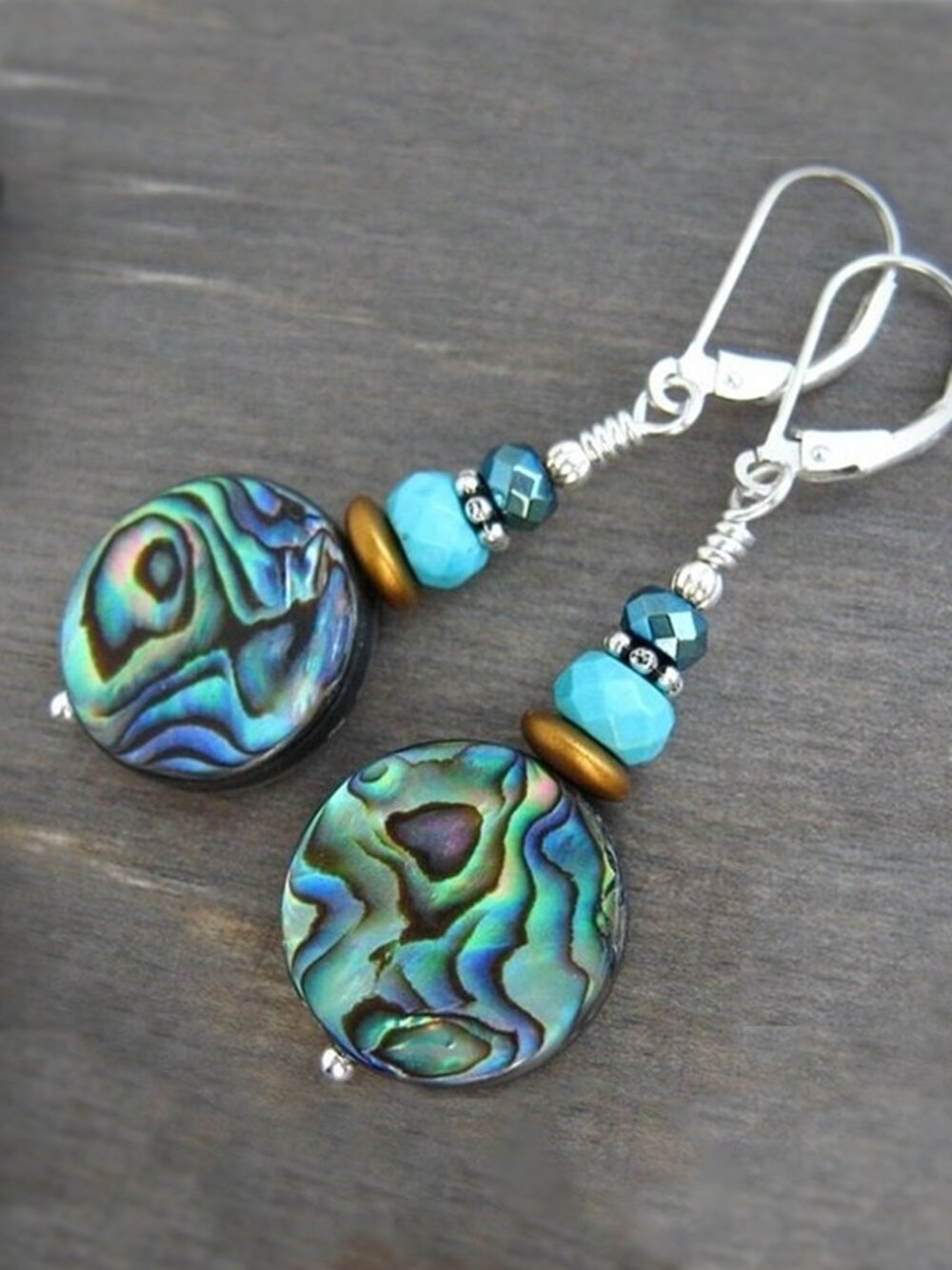 Abalone Shell Earrings Sterling Silver Leverback Dangle Boho Southwest - Picture 4 of 7
